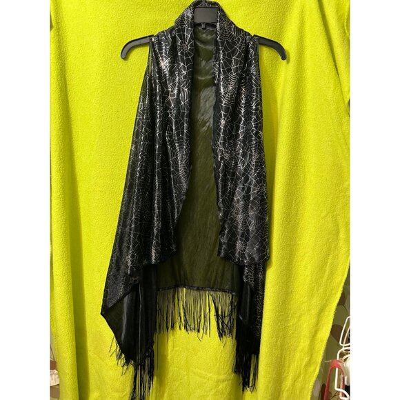 Halloween Spiderweb Fringe Vest  Shawl Festive Costume Black Silver - Picture 1 of 7